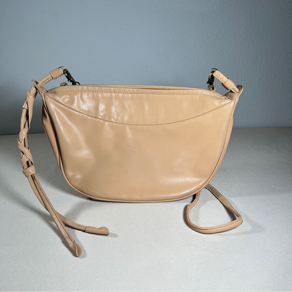 Anthropologie Lucie Faux‎ Leather Crossbody Bag Brass Hardware Zip Closure Beige